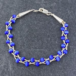 Sterling Liquid Silver 925 Cone Braided Blue Synthetic Cat's Eye Bracelet 7.25"